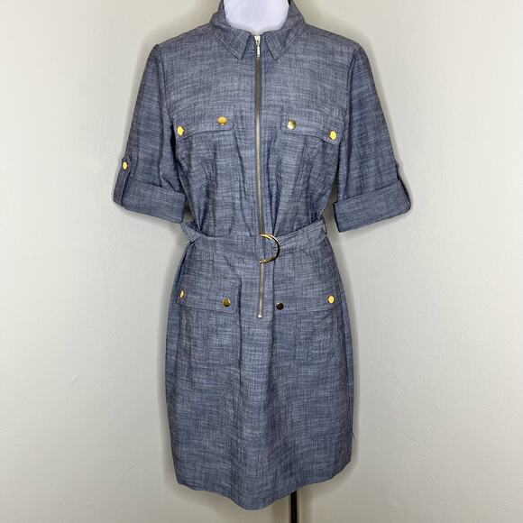 Sharagano Dresses & Skirts - Sharagano Venice Shirt Dress 12 Blue Denim Twill Half Zip D Ring Belted Cotton
